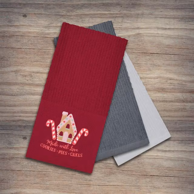 Noel Square Gingerbread House Red Cotton Tea Towels, 3 Pack