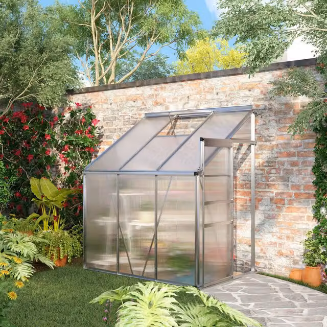 Outsunny Silver and Transparent Polycarbonate Lean-to Pent Greenhouse