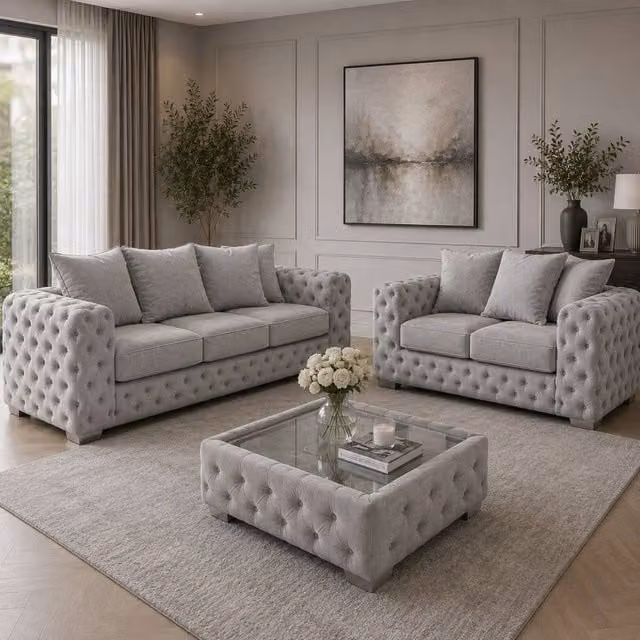 Stratus Interiors Ashley Scatter Back Chesterfield Fabric Sofa 2 and 3 Seater Set in Light Grey – 1