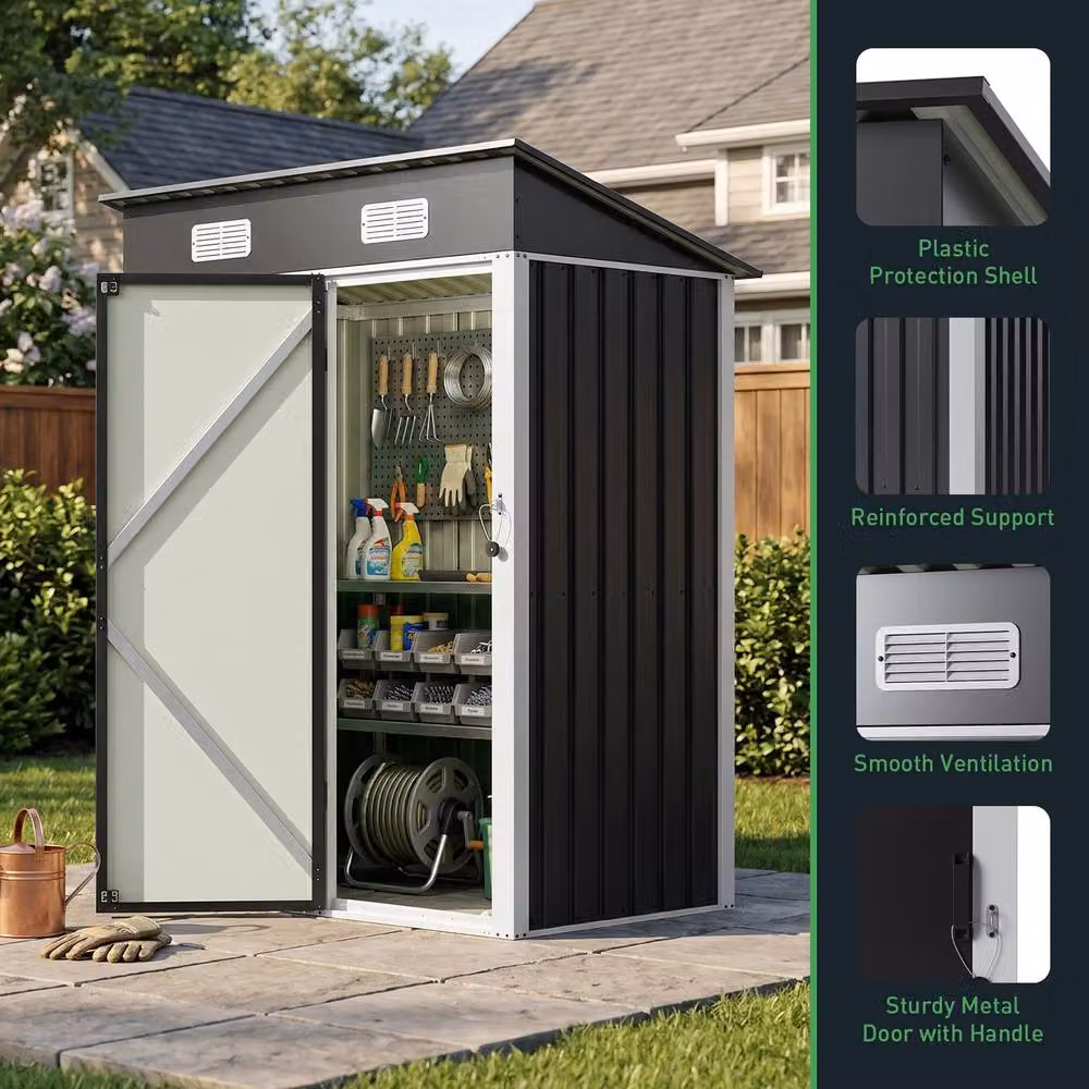 Living and Home Black Metal Pent Garden Storage Shed with Lockable Door, W: 152.4 cm, D: 91.44 cm, H: 152.4 cm – 4