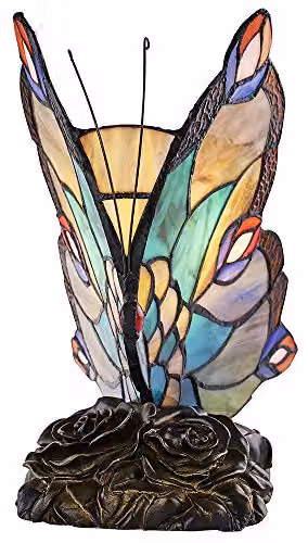 Happy Homewares Multi-Coloured Glass Butterfly Tiffany Table Lamp with Bronze Resin Base, H 40 cm x W 23 cm x D 12 cm – 2