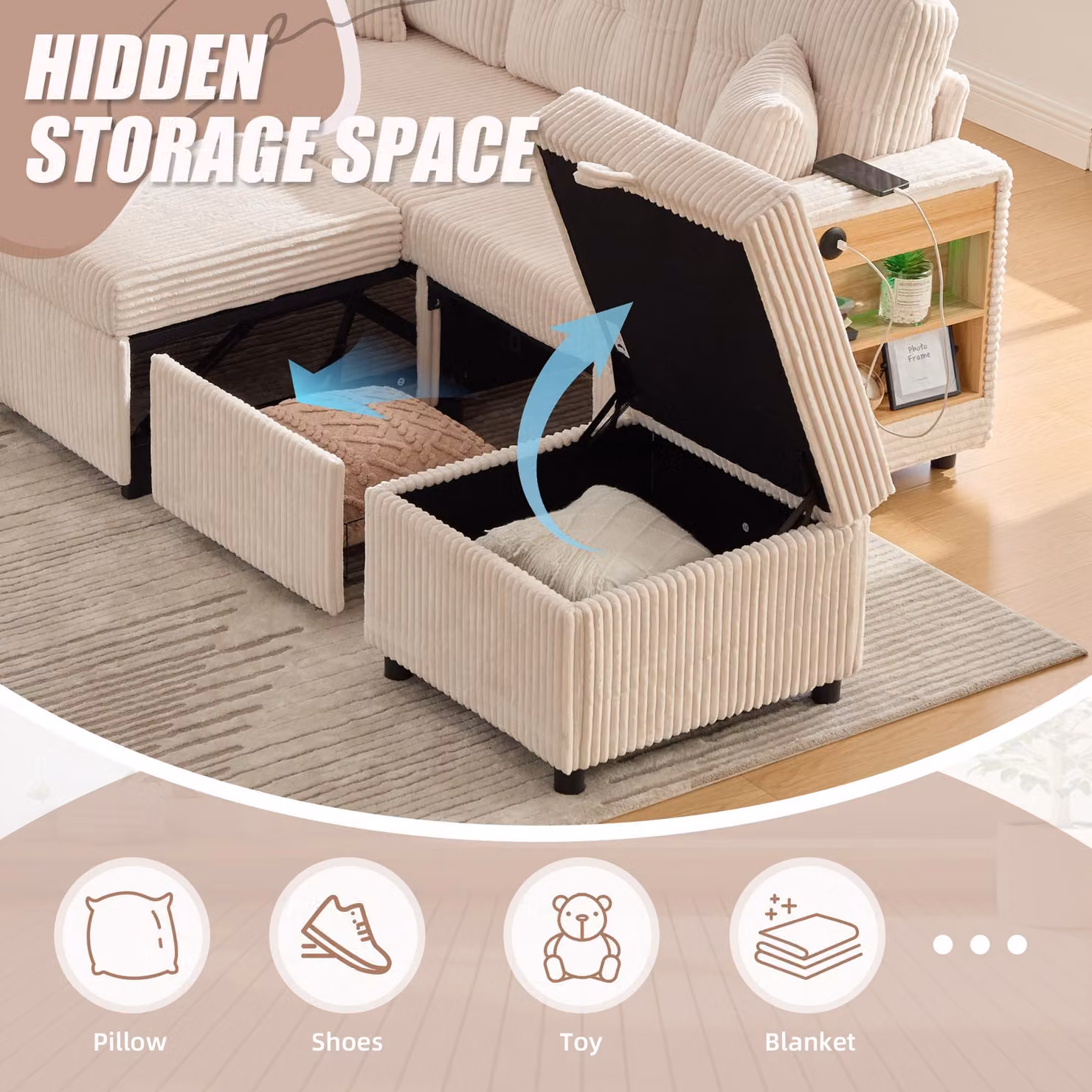 Aosom UK Multifunctional Beige Upholstered Sofa Bed with Hidden Storage, LED Lighting, USB Charging and Pull-Out Bed, W: 196 cm, D: 82 cm, H: 85 cm – 3