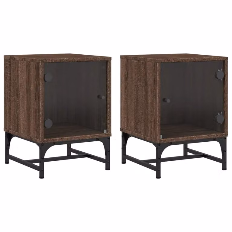 Berkfield Home Bedside Cabinets with Glass Doors, 2 Pack, Brown Oak, W/D/H: 35 x 37 x 50 cm