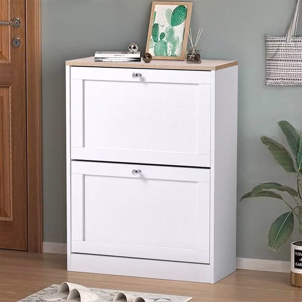 KORVIXA White Wood Shoe Cabinet with 2 Drawers and Tilting Compartments, W/D/H: 100 x 100 x 100 cm – 2