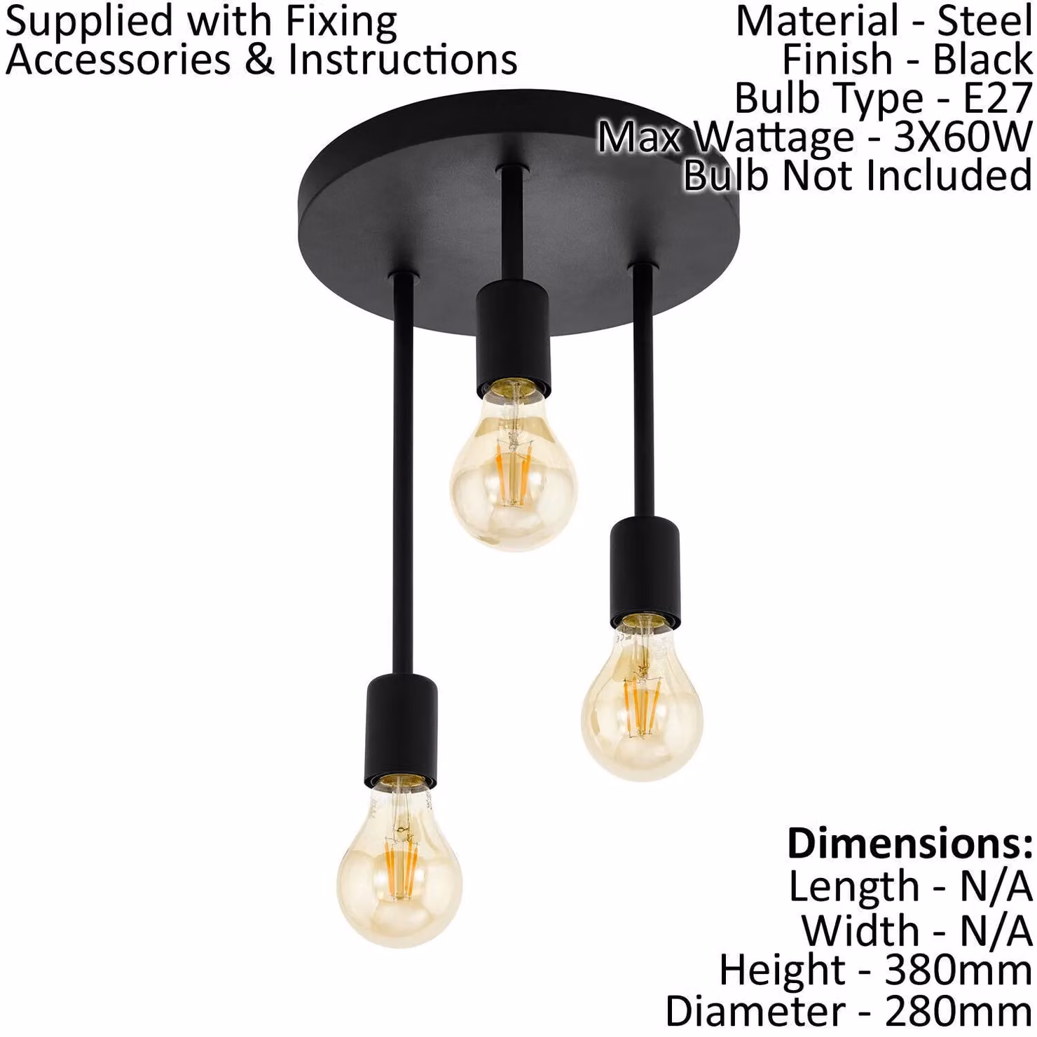 Loops Modern 3 Arm Semi Flush Ceiling Light in Black Steel with E27 Bulb Support – 2