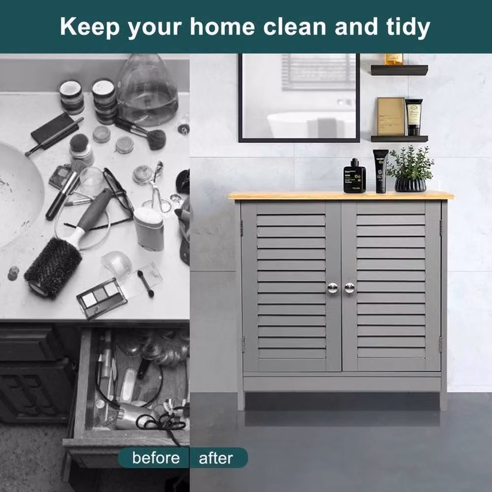 Nordara Grey Wood Bathroom Storage Cabinet with Roll Shutter Doors – 5