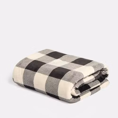 OHS Reversible Gingham Flannel Fleece Throw Blanket in White, W/D/H: 130 x 160 cm