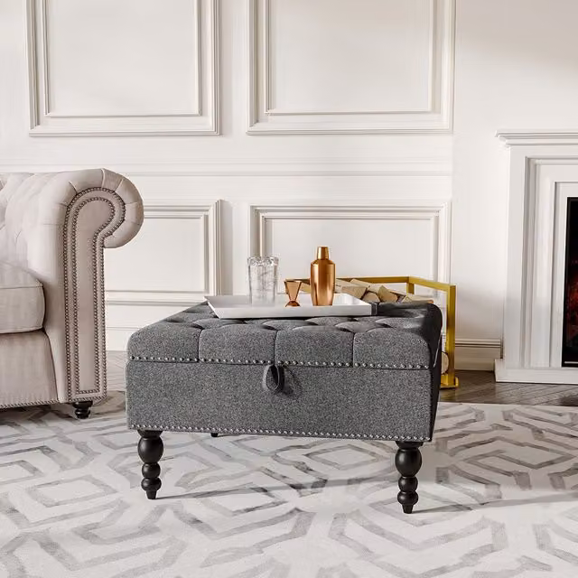 Livingandhome Rectangular Tufted Linen Storage Ottoman in Grey with Wood Legs W/D/H: 74 x 74 x 74 cm