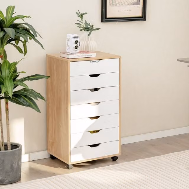 Costway Modern 7-Drawer Mobile Lateral Filing Cabinet and Home Office Storage Chest in White and Multicolour – 1