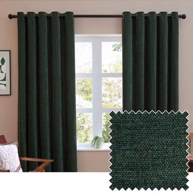 Furn Soft Chenille Blackout Eyelet Curtain Pair in Bottle Green, Width: 117 cm, Drop: 137 cm