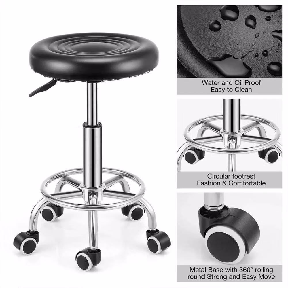 VOGREX Adjustable Swivel Salon Stool in Black with Synthetic Leather and Metal Frame – 2