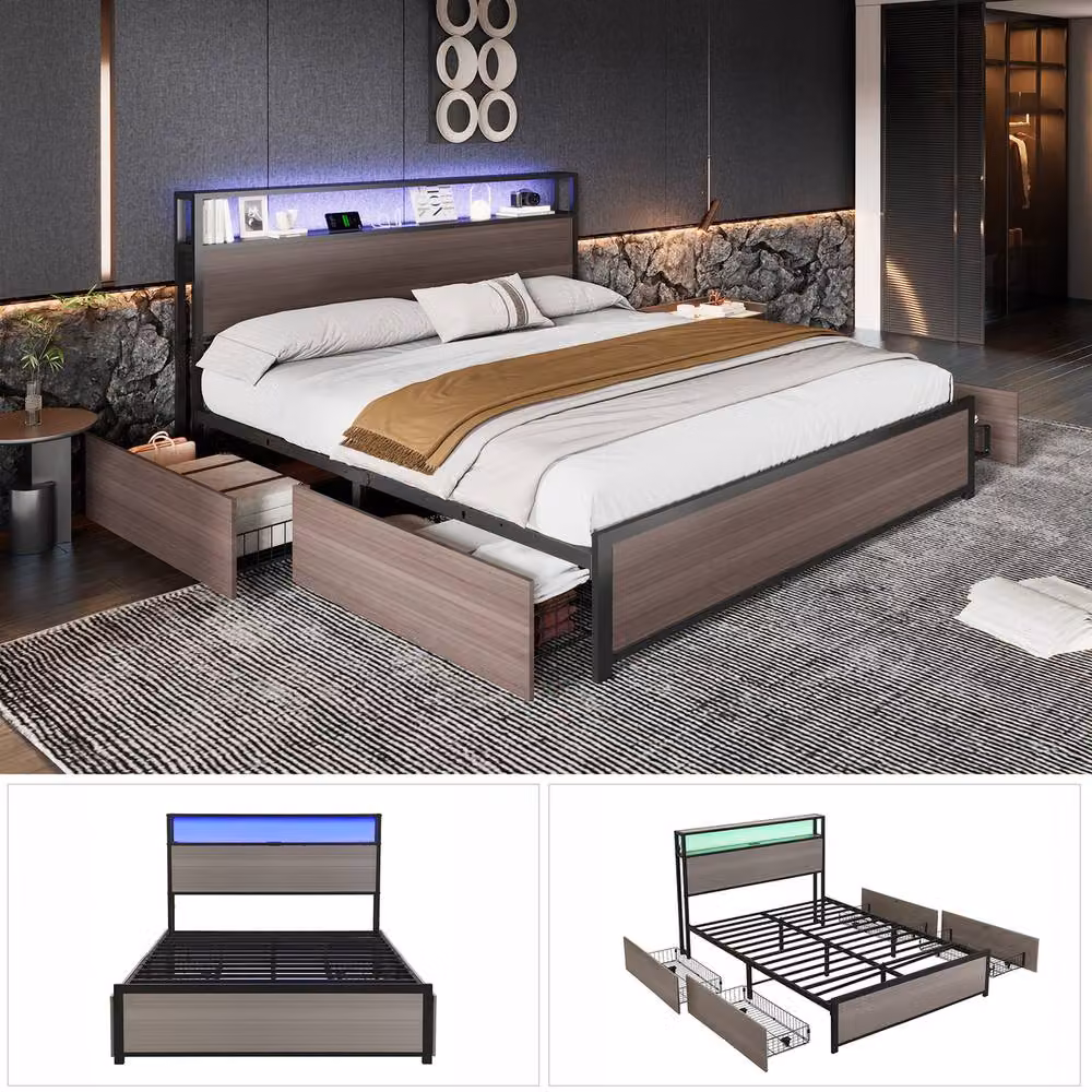 Rolipo Grey Metal Double Bed Frame with LED Lights, USB Charging Port and 4 Drawers, W/D/H: 140 x 200 cm – 7