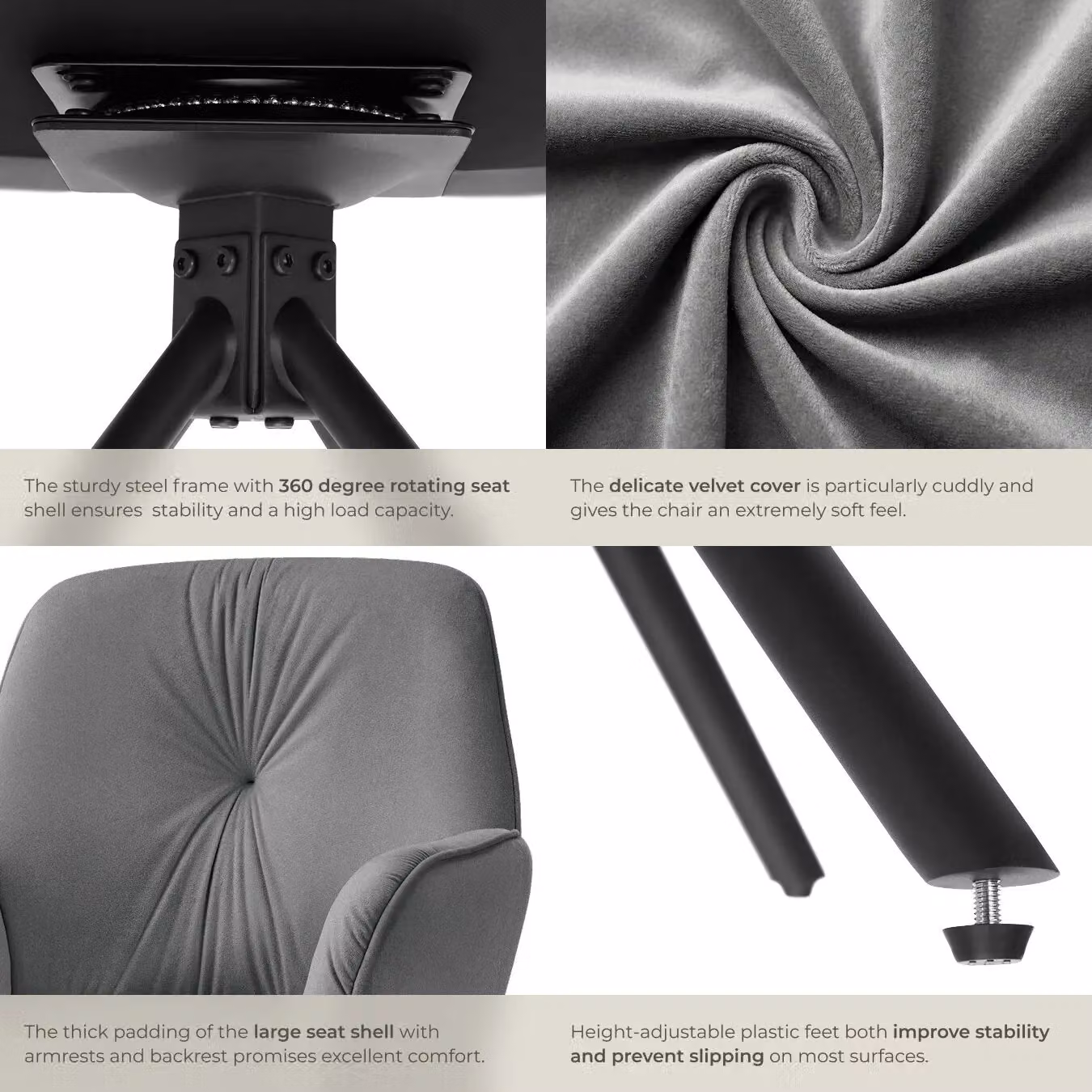 tectake Lenia Set of 4 Swivel Dining Chairs in Dark Grey Velvet Look with Anthracite and Black Accents – 5