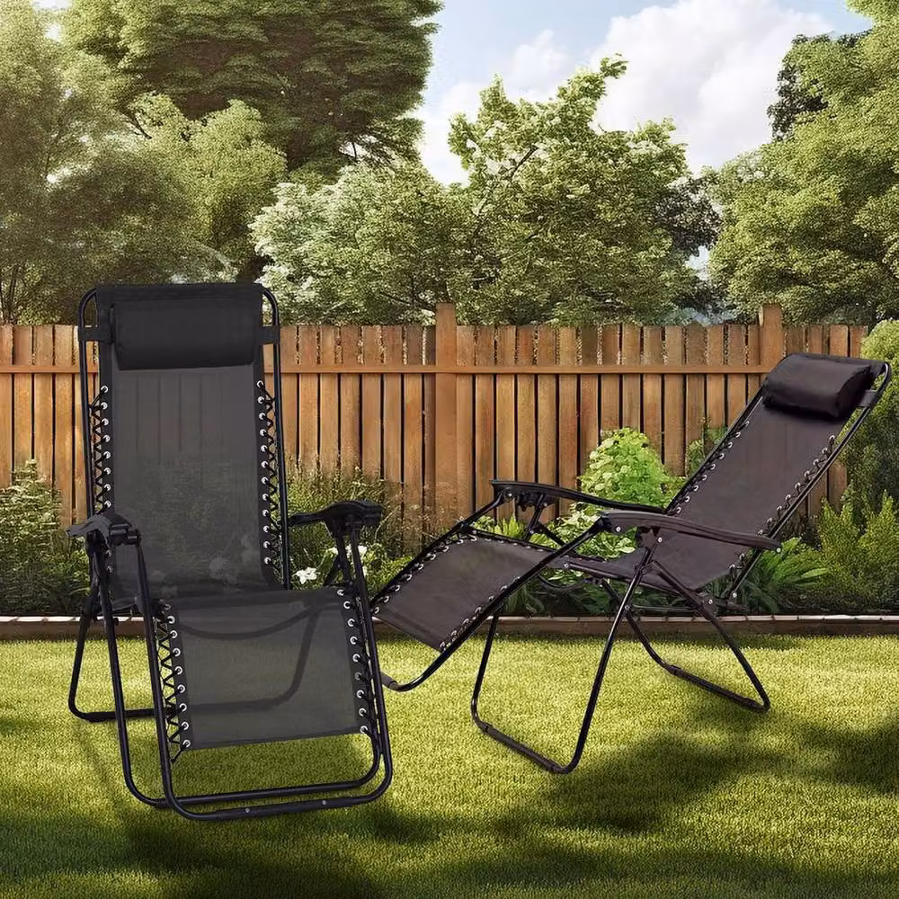 Bargains-Galore Set of 2 Black Zero Gravity Reclining Sun Loungers with Textilene Fabric and Powder Coated Steel Frame – 2
