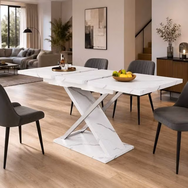 Merax Extendable White Marble Effect Dining Table with X-Frame Legs