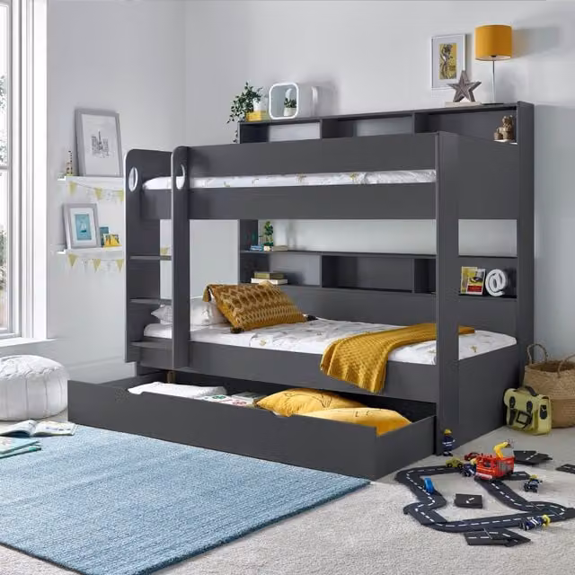 Bedmaster Olly Two-Level Storage Bunk Bed with Drawers in White and Grey – 1