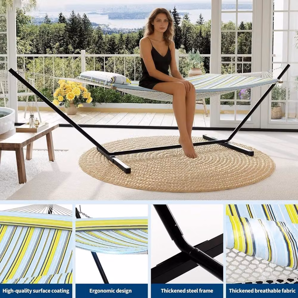 London Boutique Double Hammock with Stand and Cushions, Multicolour Striped UV-Resistant Polyester Bed for Two Adults – 2