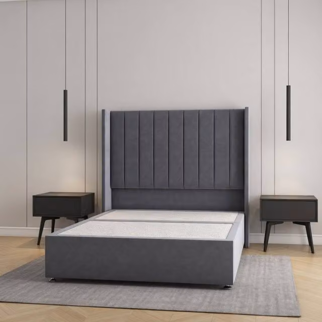 Regional Furnishings Double Divan Bed with 54 inch Headboard in Grey Plush Velvet, W/D/H: 140 x 200 cm