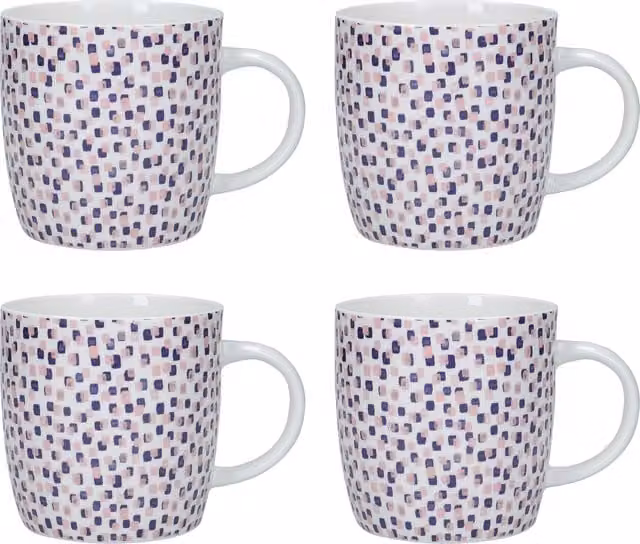 KitchenCraft Ceramic Barrel Mugs, Set of 4, Multicolour and White Geometric Design