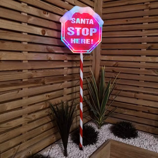 Premier Santa Stop Here Light Up Christmas Garden Landmark Sign, H 1.1m x W 1.1m x D 0.3m