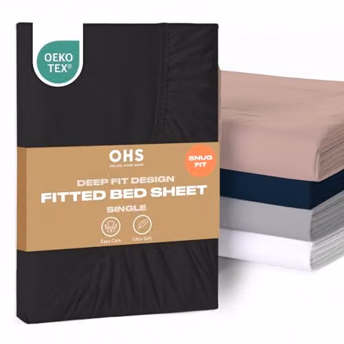 OHS Black Single Microfibre Deep Fitted Bed Sheet, W/D/H: 90 x 190 x 30 cm