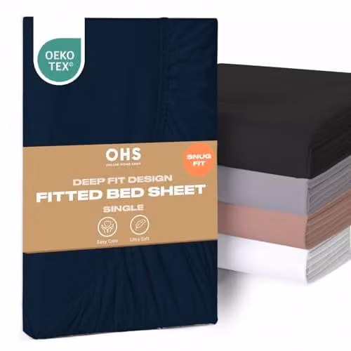 OHS Single Microfibre Deep Fitted Bed Sheet, Dark Navy Blue, W/D/H: 90 x 190 x 30 cm