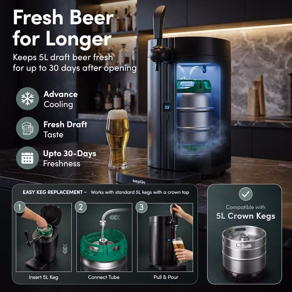 Keplin Beer Keg Dispenser with Thermoelectric Cooler and LED Temperature Display, Black, 5 l – 3