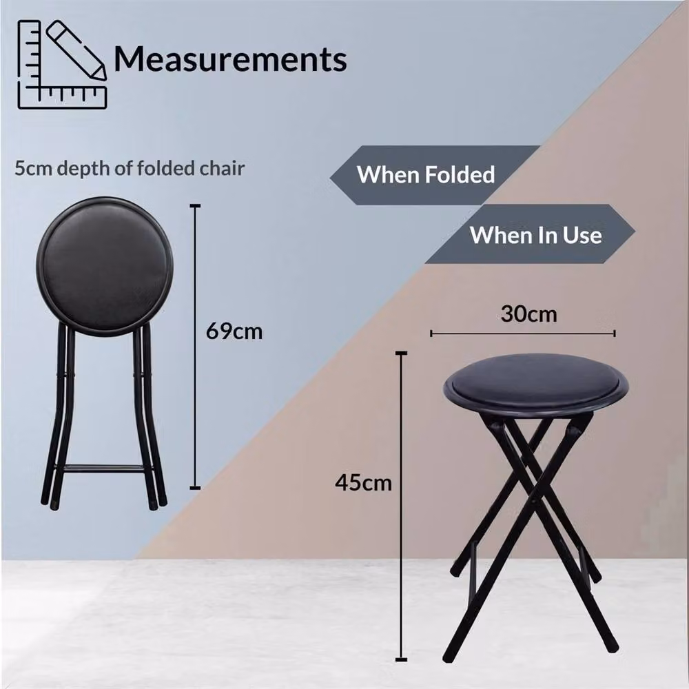 Kelvenix Black Folding Stool with Soft Padded Synthetic Leather Seat and Metal Frame – 2