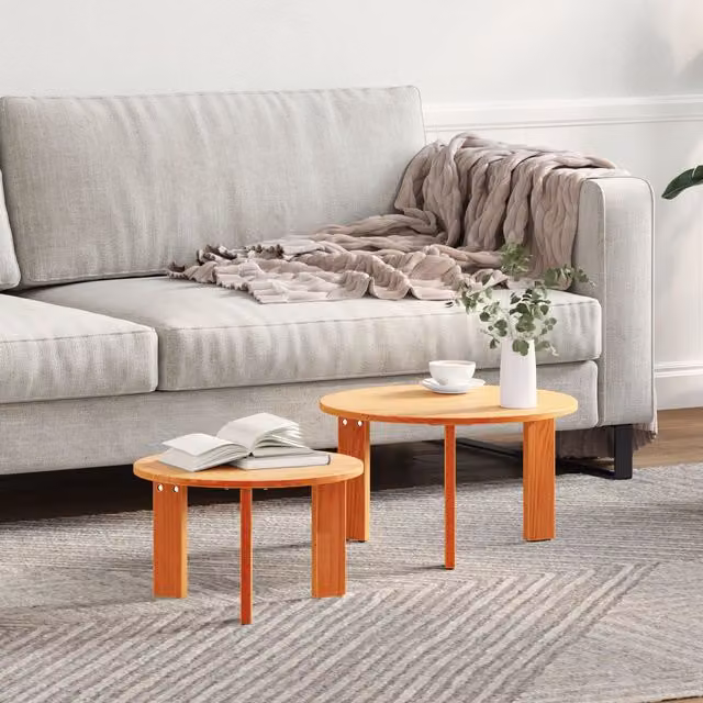 Berkfield Home 2 Piece Round Waxed Pine Coffee Table Set in Brown, W/D/H: 47.5 x 47.5 x 27 cm – 1