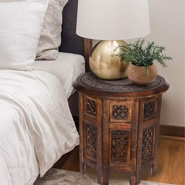 Topfurnishing Round Carved Wooden Coffee Bedside End Table in Brown, W/D/H: 45 x 45 x 45 cm