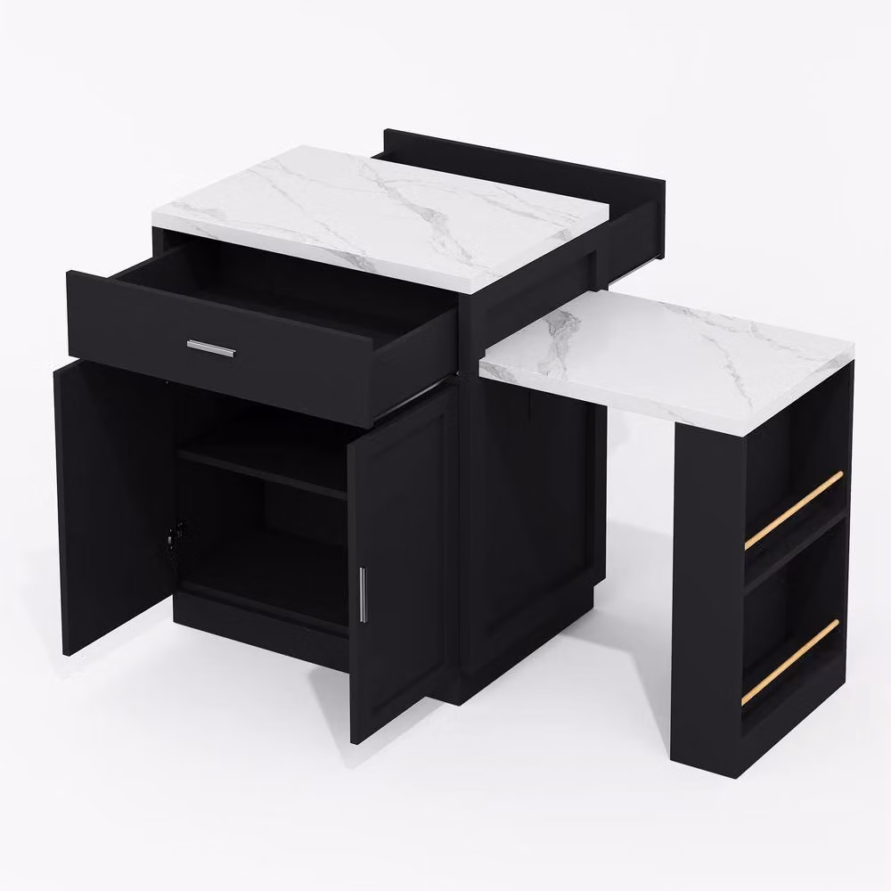 Matteo Two-Tone Kitchen Island with Extendable Dining Table, Power and Storage in Black and White – 6