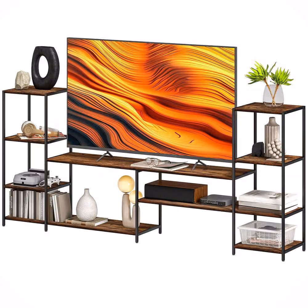 STILVORA Rustic Brown TV Unit with 8 Shelves and Metal Accents – 3