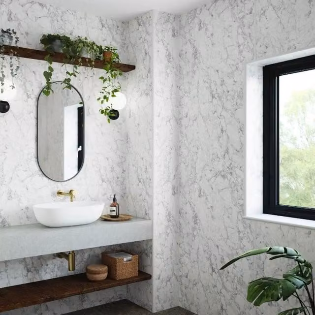 Wetwall White Marble Laminate Wall Panel with Tongue and Groove, W: 58.5 cm, H: 242 cm, D: 1.1 cm