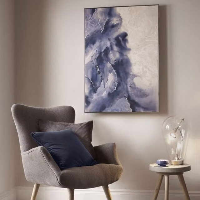 Art for the Home Serene Waves Modern Abstract Hand Painted Framed Canvas Wall Art in Blue and Silver