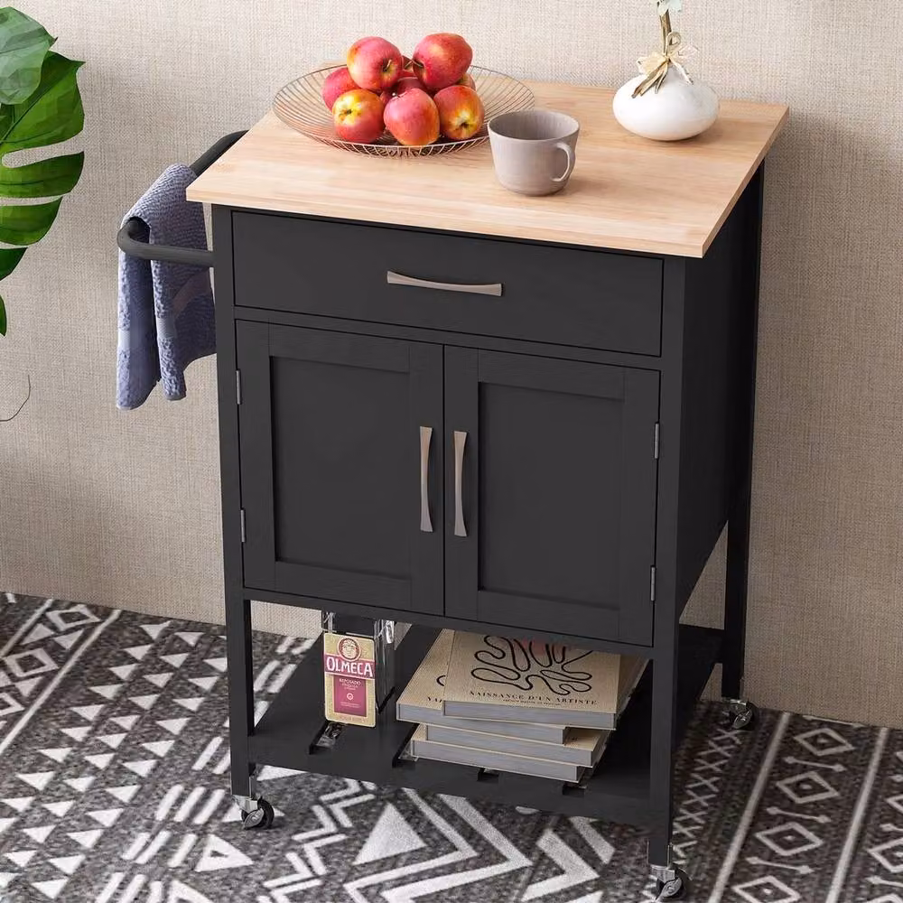 VOGREX Modern Wheeled Kitchen Island Cart with Drawer in Black and Rubberwood – 3