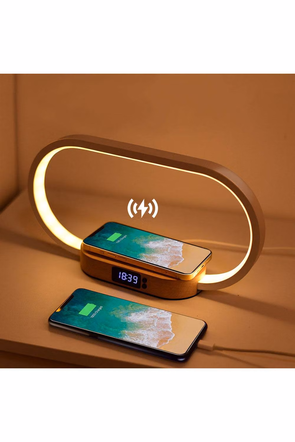 H&O Direct LED Bedside Lamp with Wireless Charger in White and Wood – 2