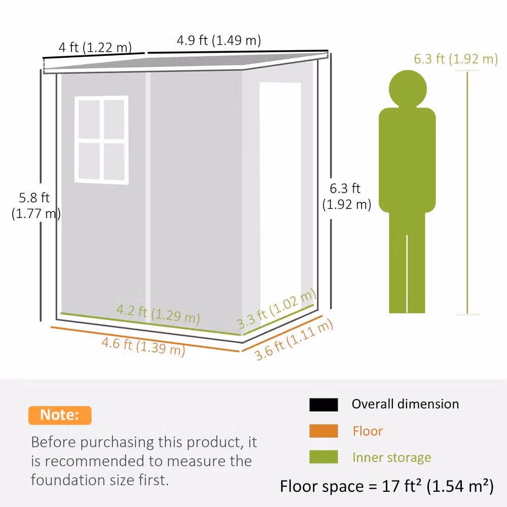Rolipo Grey Aluminium Lean-To Pent Garden Shed with Window and Lockable Single Door, W: 121.92 cm, D: 152.4 cm, H: 139.0 cm – 4