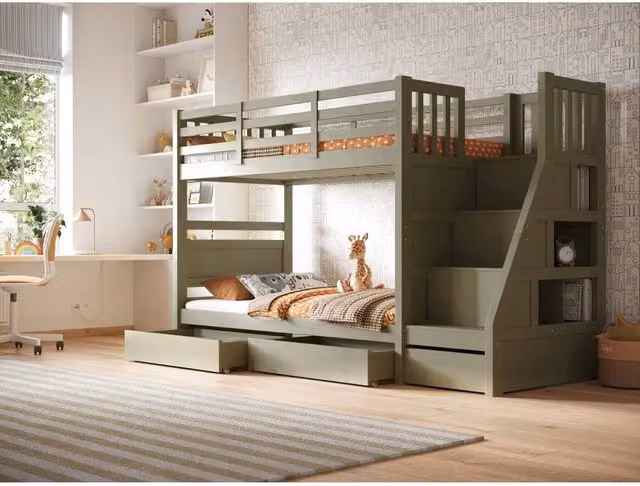 Flair Lunar Two-Level Single Bunk Bed with Storage Stairs in Green and White, W/D/H: 190 x 90 x 160 cm – 1
