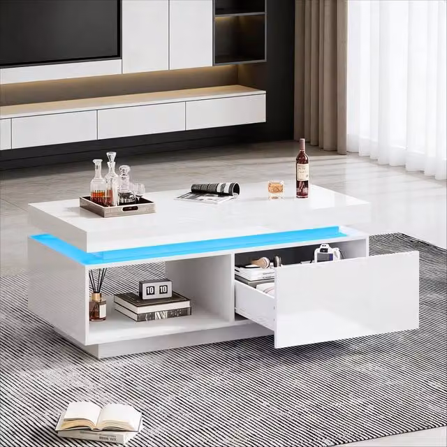 BTM White High Gloss LED Coffee Table with Drawer and Shelf, W/D/H: 100 x 50 x 40 cm – 1