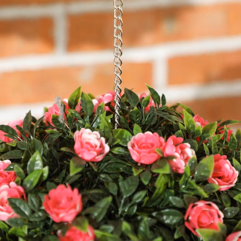 Wyld Haus Colana Set of 2 Pink UV Resistant Artificial Rose Topiary Hanging Balls, Diameter: 28 cm – 6