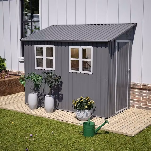 BIRCHTREE Grey Galvanised Steel Lean-To Pent Garden Shed with Single Door and Window
