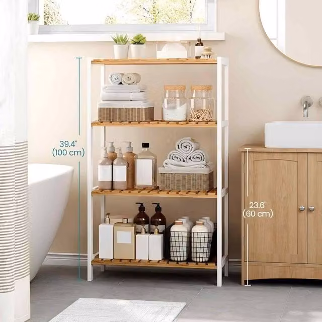 The Bazaarist 4 Tier Bamboo Freestanding Storage Shelf with Adjustable Shelves, White & Natural