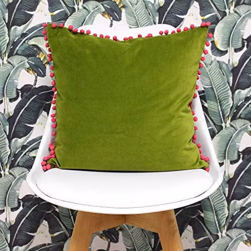 Riva Paoletti Green Faux Velvet Cushion with Contrasting Fuchsia Pink Pompom Edges and Hidden Zip Closure, W/D/H: 45 x 45 x 45 cm – 2