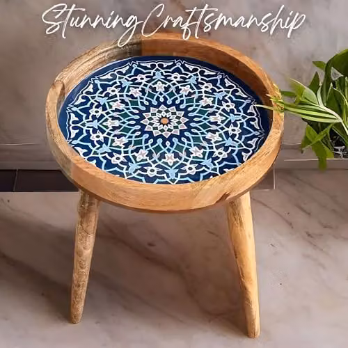 Hartsmede Marrakesh Round Mango Wood Side Table with Blue Glossy Enamel Top, W/D/H: 38 x 38 x 45.72 cm – 3