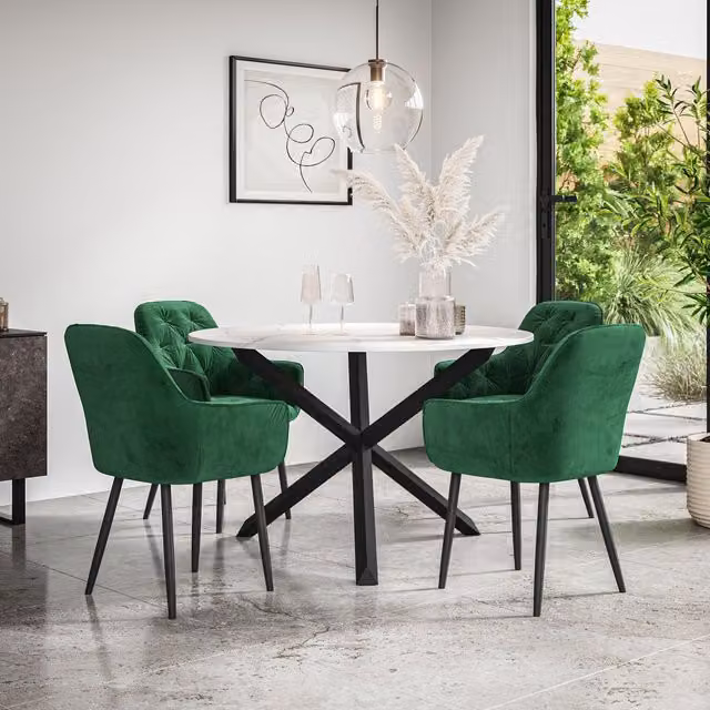 More4Homes Malvern Round Dining Table and Anika Green Velvet Dining Chair Set of 4, Oak Top with Black Legs, Diameter: 120 cm, Height: 75 cm