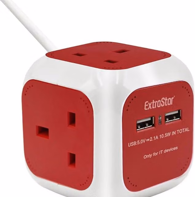 Livingandhome 4 Way 1.5m Cube Socket with 2 USB Ports in Red