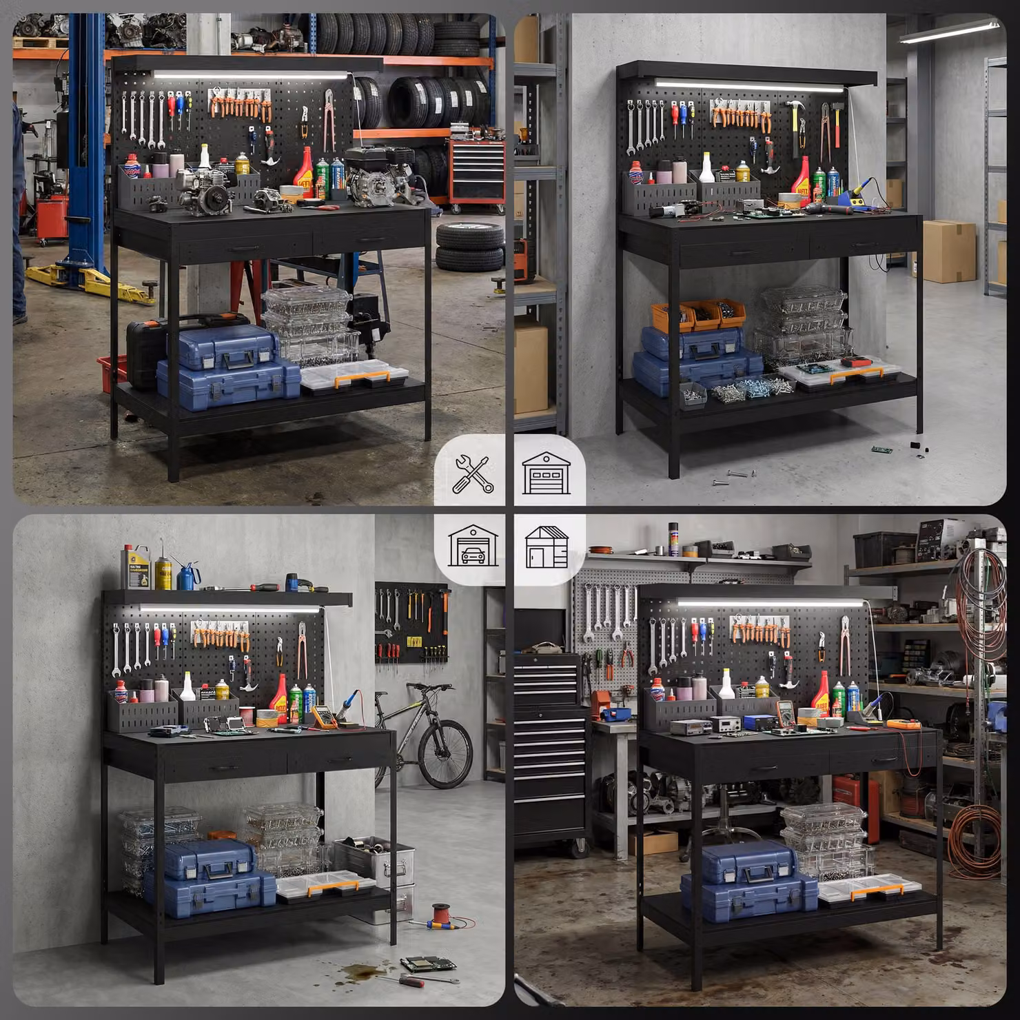 HOMCOM Heavy Duty Black Workbench with Pegboard, Power Strip and LED Light, W: 110 cm, D: 60 cm, H: 91 cm – 7