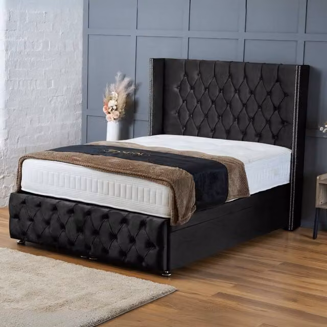BSSPOKE Mayfair Ottoman Divan Bed in Black Plush Velvet with 54 inch Headboard, Super King, W/D/H: 200 x 200 cm