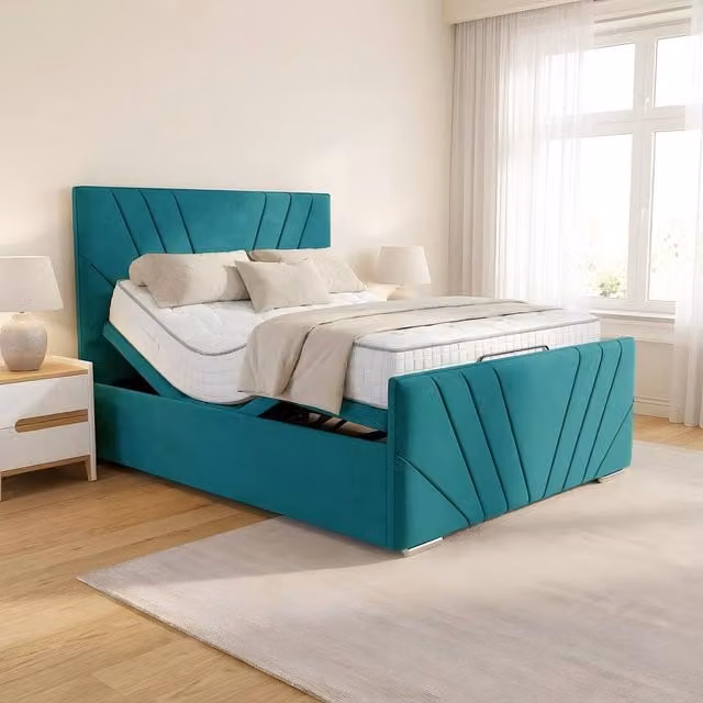 Paradise Beds Ltd Miami Electric Adjustable Mobility Bed with Mattress and Headboard in Petrol Silver Velvet, W/D/H: 140 x 200 cm