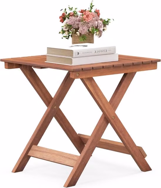 Costway Square Folding Acacia Wood Side Table in Brown Rustic Finish